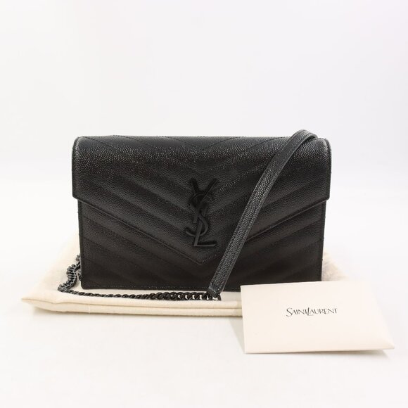 NWT Saint Laurent Cassandre Black Grain de Poudre Leather Envelope Chain Wallet - Picture 1 of 16